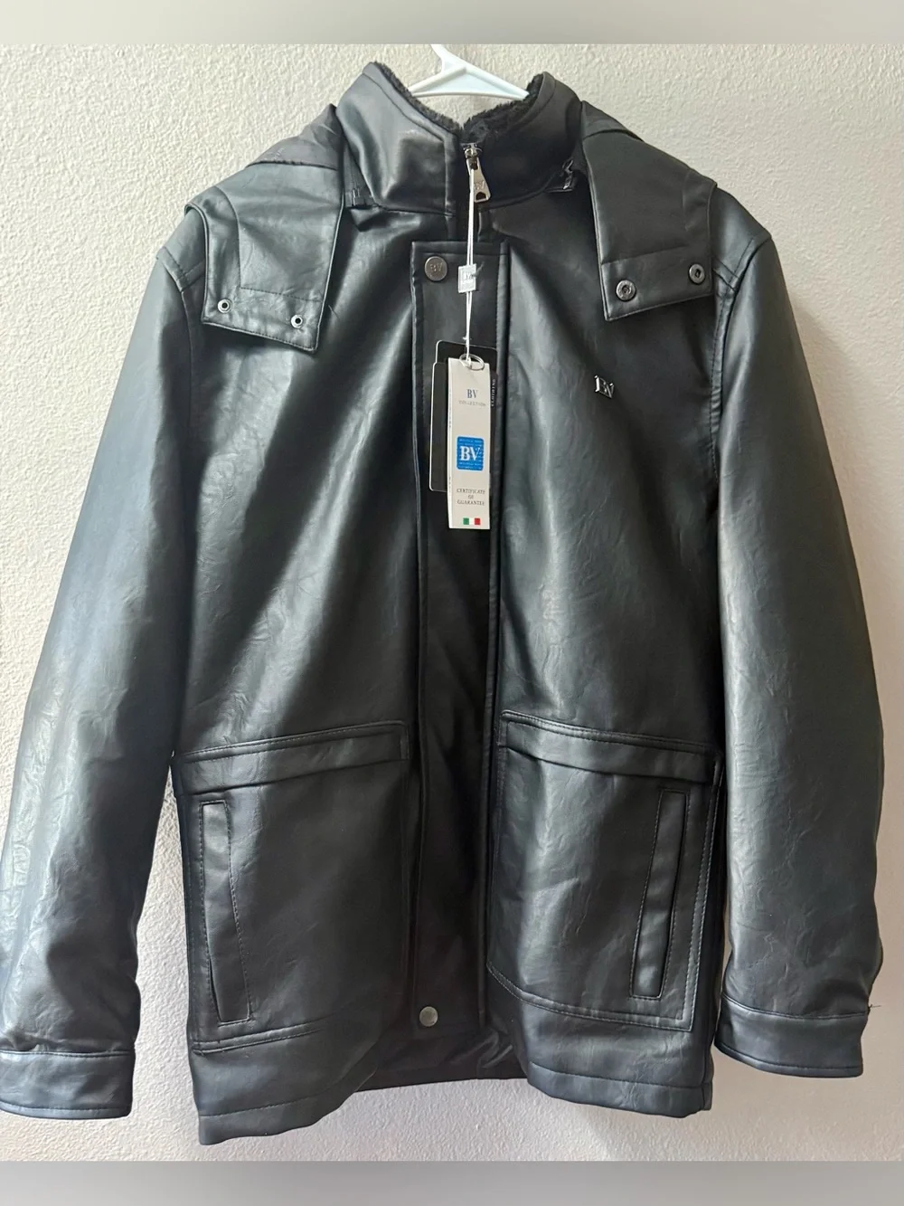 BV BOTTEGA VENETA REMOVEABLE HOOD FLAP POCKET ZIP UP FAUX LEATHER JACKET M~NWT